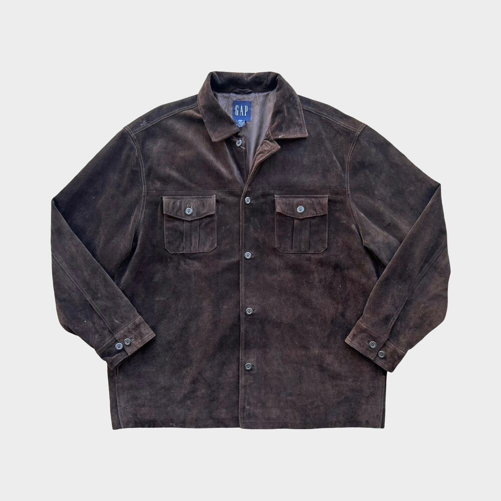 Vintage Y2K GAP Brown Suede Leather Jacket XXL Button Front Grunge Workwear